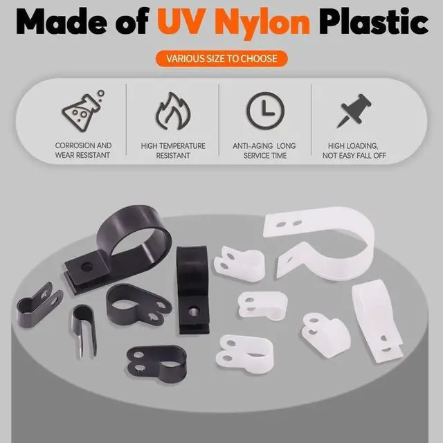 Alt view image 3 of 7 - 132 Pcs 6 Sizes White and Black Nylon R-Type Cable Clamp Cable Organizer Cord Fasteners Screw Mounting Electrical Grip Wire Clips with 132 Pcs Screws for Wire Management (Black and White)