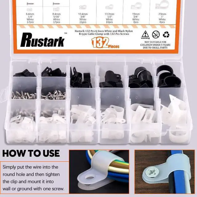 Alt view image 5 of 7 - 132 Pcs 6 Sizes White and Black Nylon R-Type Cable Clamp Cable Organizer Cord Fasteners Screw Mounting Electrical Grip Wire Clips with 132 Pcs Screws for Wire Management (Black and White)