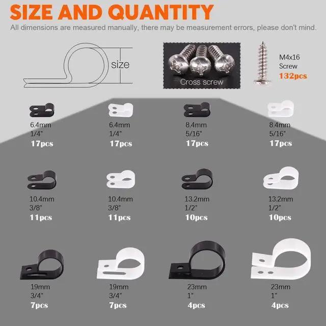 Alt view image 2 of 7 - 132 Pcs 6 Sizes White and Black Nylon R-Type Cable Clamp Cable Organizer Cord Fasteners Screw Mounting Electrical Grip Wire Clips with 132 Pcs Screws for Wire Management (Black and White)
