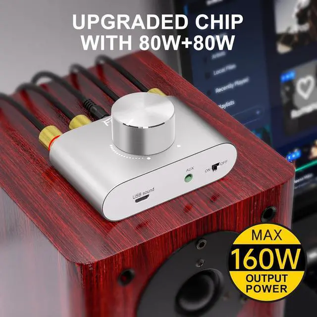 Alt view image 4 of 7 - Facmogu F900S 160W Bluetooth 5.0 Mini Amplifier, 80Wx2 2.0CH Audio Power Amplifier, Hi-Fi Stereo Sound Digital Amp Wireless Speaker Amp Receiver w/AUX/USB/BT Input & 12V 5A Power Adapter - Silver