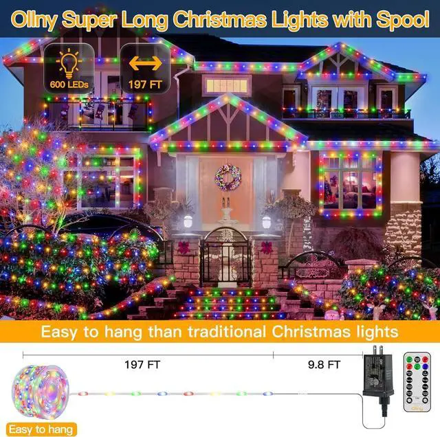 Alt view image 2 of 7 - Ollny Christmas Lights Outdoor 600LED 197FT, Multicolor Christmas Tree Lights IP67 Waterproof, Plug in Fairy Lights with Remote 8 Modes Timer, Xmas Light for Indoor House Holiday Decor