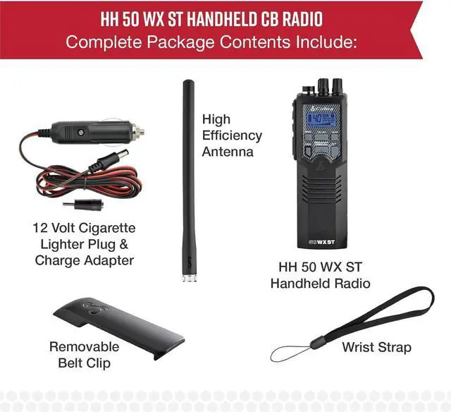 Alt view image 7 of 7 - Cobra HH50WXST Handheld CB Radio - Emergency Radio with Access to Full 40 Channels and NOAA Alerts, Earphone Jack, 4 Watt Power Output, Noise Reduction and Dual Channel Monitoring, Black