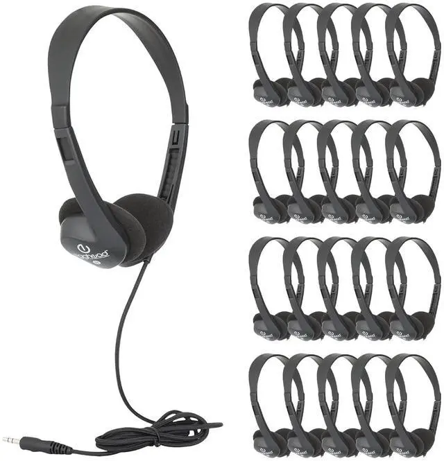 Main image of Egghead Heavy-Duty Kids' Stereo Headphones with Ear Cushions and 4'3" Cord, Adjustable Tangle-Free Over-Ear Stereo School Headphones, Pack of 20, Black