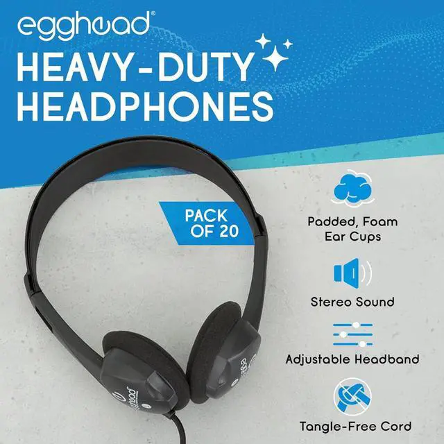 Alt view image 2 of 7 - Egghead Heavy-Duty Kids' Stereo Headphones with Ear Cushions and 4'3" Cord, Adjustable Tangle-Free Over-Ear Stereo School Headphones, Pack of 20, Black