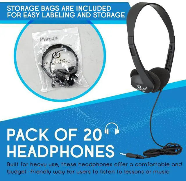 Alt view image 3 of 7 - Egghead Heavy-Duty Kids' Stereo Headphones with Ear Cushions and 4'3" Cord, Adjustable Tangle-Free Over-Ear Stereo School Headphones, Pack of 20, Black