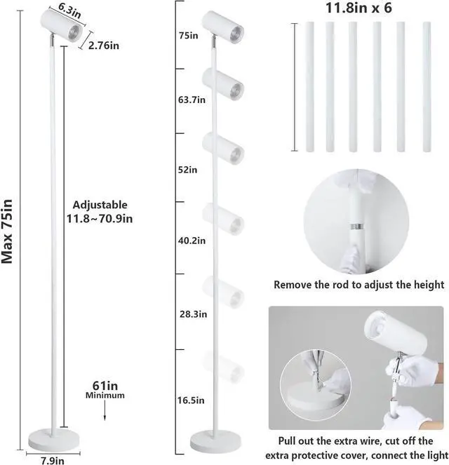 Alt view image 2 of 7 - HMVPL White Grow Lights for Indoor Plants Full Spectrum,Tall Plant Light for Indoor Growing with 20W COB Plant Light Bulb,4/8/12H Timer,Led Growth Floor Lamp for Large Plant Seedling(6 Level Height)