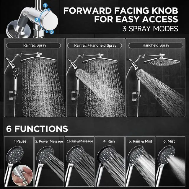 Alt view image 3 of 7 - Veken Wide Rain Shower Head with Handheld, High Pressure Rainfall Showerhead Combo with Arm for Bathroom Accessories, Home Decor, Detachable Dual Shower with Multi Modes Handheld Spray, Silver Chrome