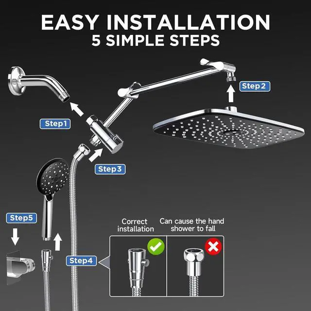 Alt view image 7 of 7 - Veken Wide Rain Shower Head with Handheld, High Pressure Rainfall Showerhead Combo with Arm for Bathroom Accessories, Home Decor, Detachable Dual Shower with Multi Modes Handheld Spray, Silver Chrome