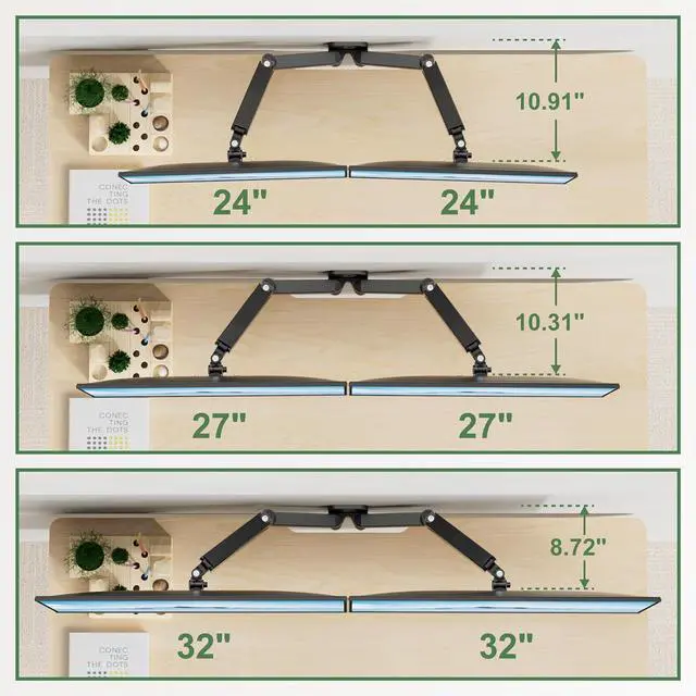 Alt view image 4 of 7 - Dual Monitor Wall Mount, Double Monitor Wall Stand for Two 17-32 inch Flat Computer Screens, Height Adjustable Gas Spring Mounted Bracket Arms Hold up to 17.6lbs, VESA 75/100