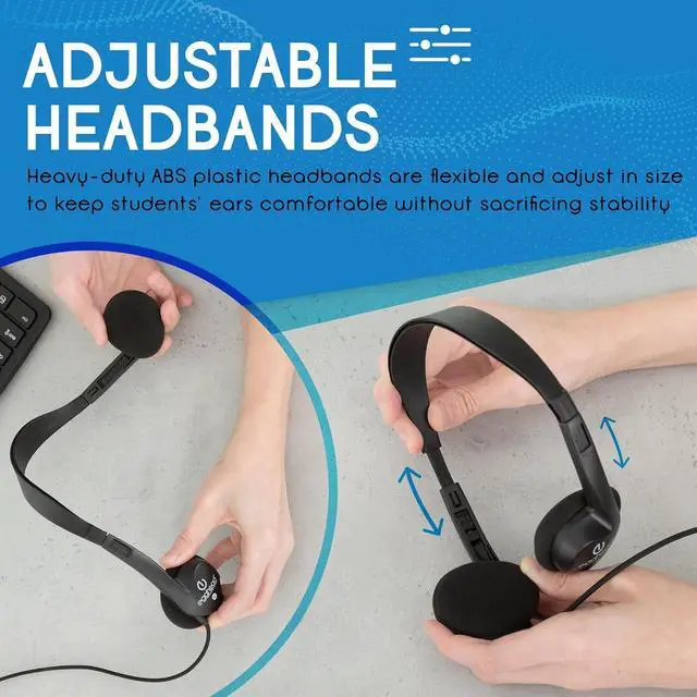 Alt view image 6 of 7 - Egghead Heavy-Duty Kids' Stereo Headphones with Ear Cushions and 4'3" Cord, Adjustable Tangle-Free Over-Ear Stereo School Headphones, Pack of 20, Black