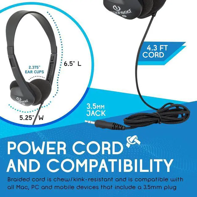 Alt view image 7 of 7 - Egghead Heavy-Duty Kids' Stereo Headphones with Ear Cushions and 4'3" Cord, Adjustable Tangle-Free Over-Ear Stereo School Headphones, Pack of 20, Black