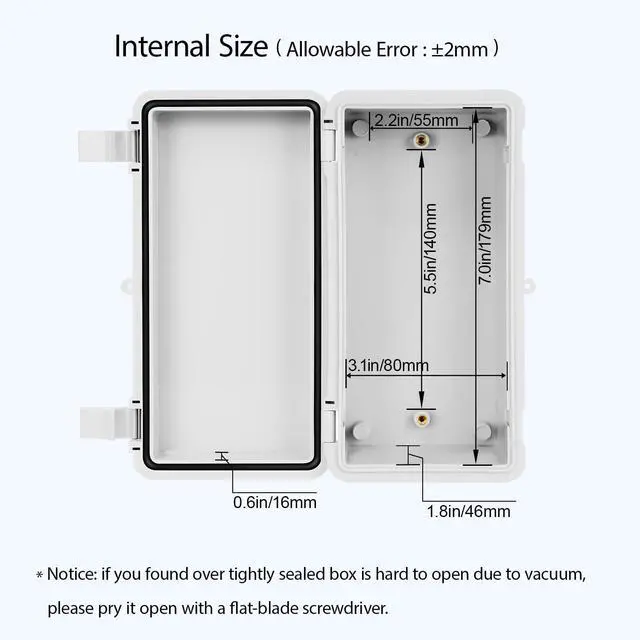 Alt view image 4 of 7 - Junction Box ABS Plastic IP65 Waterproof Dustproof Universal Electrical Enclosure Hinged Shell Outdoor and Indoor Usage Project Box, 7.9"x 3.9"x 2.7"(200x100x70mm), Grey