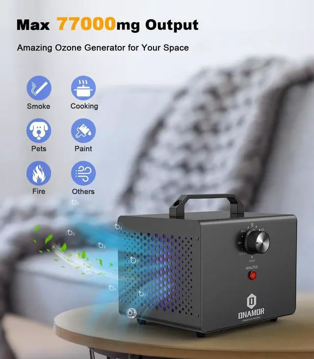 Alt view image 3 of 7 - ONAMOR Ozone Generator 77000mg, Ozone Machine Ionizer O3 Deodorizer for Home, Basement, Smoke, and Pet Room (Eliminating Odors Area up to 4000 Square Feet, All Metallic Black)