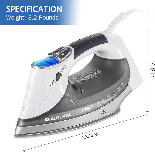 Alt view image 2 of 7 - BEAUTURAL 1800-Watt Steam Iron with Digital LCD Screen, Double-Layer and Ceramic Coated Soleplate, 3-Way Auto-Off, 9 Preset Temperature and Steam Settings for Variable Fabric Gray