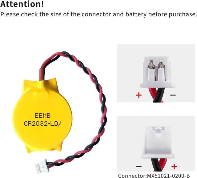 Alt view image 4 of 7 - EEMB 10-Pack CMOS Battery CR2032 3V Lithium Battery with 2 Pin 2 Wire Cable and MOLEX Connector CMOS Replacement for Alienware M11 Dell E6520 Thinkpad T40 Motherboards