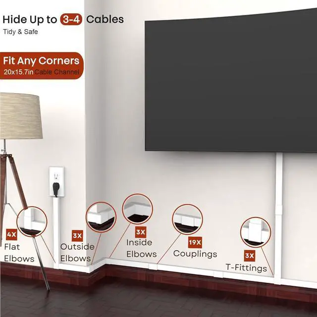 Alt view image 4 of 7 - Cord Hider, Wire Cover, Cord Covers Wall Mounted TV, Cable Hider, 315 in Paintable White Raceway Kit, Electrical Cords Concealer, Cable Management, Hide Cords Wall, Wire Molding, Adhesive Channel