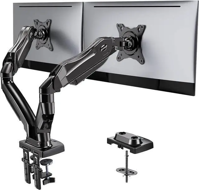 Main image of HUANUO Dual Monitor Stand - Full Adjustable Monitor Desk Mount Swivel Vesa Bracket with C Clamp, Grommet Mounting Base for 13 to 32 Inch Computer Screens - Each Arm Holds 4.4 to 19.8lbs