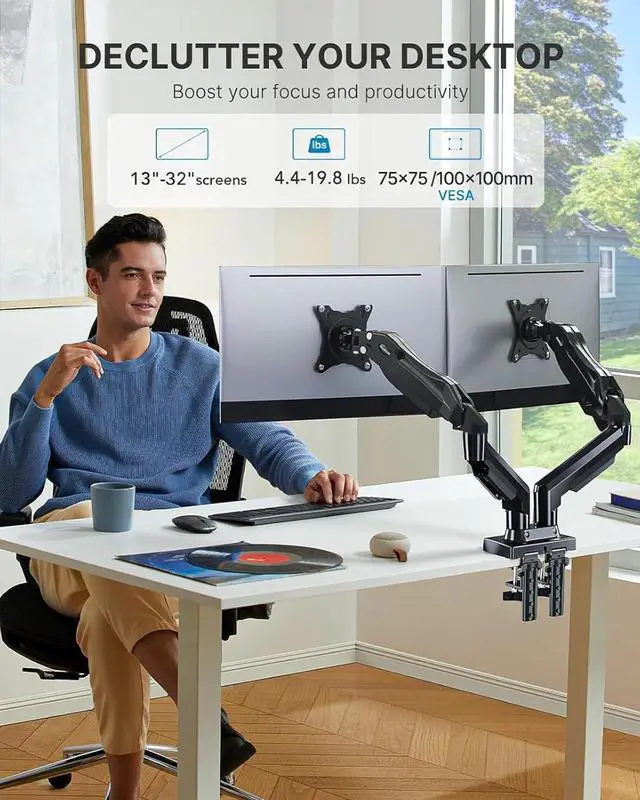 Alt view image 2 of 7 - HUANUO Dual Monitor Stand - Full Adjustable Monitor Desk Mount Swivel Vesa Bracket with C Clamp, Grommet Mounting Base for 13 to 32 Inch Computer Screens - Each Arm Holds 4.4 to 19.8lbs
