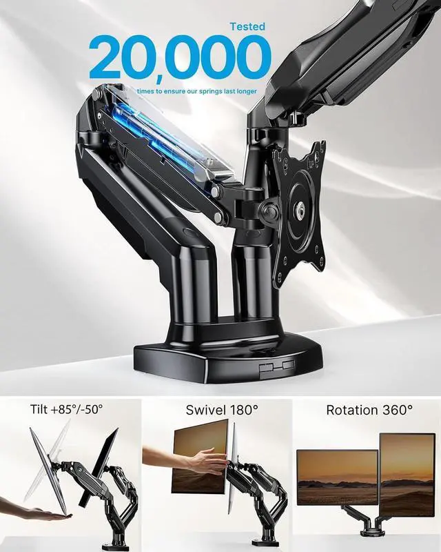 Alt view image 3 of 7 - HUANUO Dual Monitor Stand - Full Adjustable Monitor Desk Mount Swivel Vesa Bracket with C Clamp, Grommet Mounting Base for 13 to 32 Inch Computer Screens - Each Arm Holds 4.4 to 19.8lbs