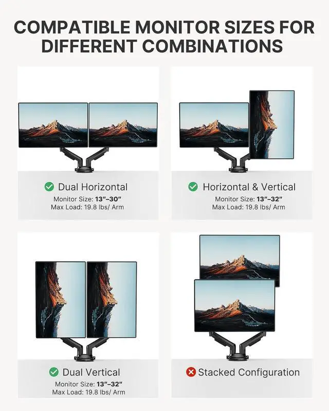 Alt view image 6 of 7 - HUANUO Dual Monitor Stand - Full Adjustable Monitor Desk Mount Swivel Vesa Bracket with C Clamp, Grommet Mounting Base for 13 to 32 Inch Computer Screens - Each Arm Holds 4.4 to 19.8lbs