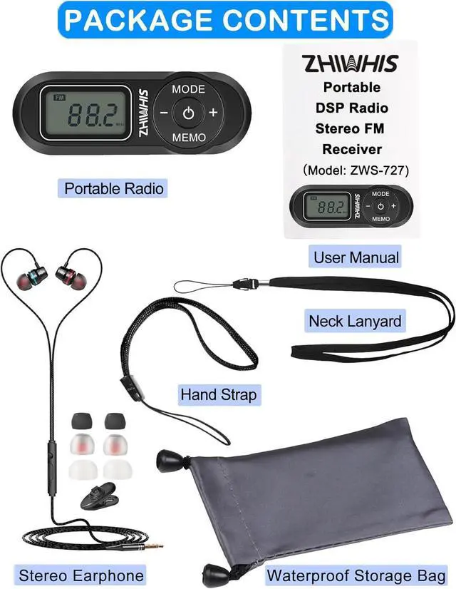 Alt view image 7 of 7 - Portable Radio, ZHIWHIS FM Digital Tuner with Best Reception, Pocket Transistor Receiver with Stereo Sound, Battery Operated Walkmen with Scan and Preset Black
