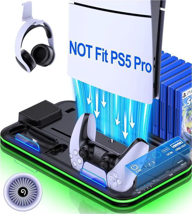 Main image of PS5 Slim Stand and Turbo Cooling Station with Controller Charging Station for Playsation 5, PS5 Accessories Kits Incl. 3 Levels Cooling Fan, LED, 15 Game Slot, Headset Holder for P5 Digital/Disc