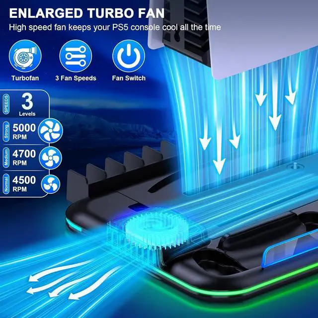 Alt view image 2 of 7 - PS5 Slim Stand and Turbo Cooling Station with Controller Charging Station for Playsation 5, PS5 Accessories Kits Incl. 3 Levels Cooling Fan, LED, 15 Game Slot, Headset Holder for P5 Digital/Disc
