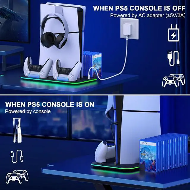 Alt view image 7 of 7 - PS5 Slim Stand and Turbo Cooling Station with Controller Charging Station for Playsation 5, PS5 Accessories Kits Incl. 3 Levels Cooling Fan, LED, 15 Game Slot, Headset Holder for P5 Digital/Disc