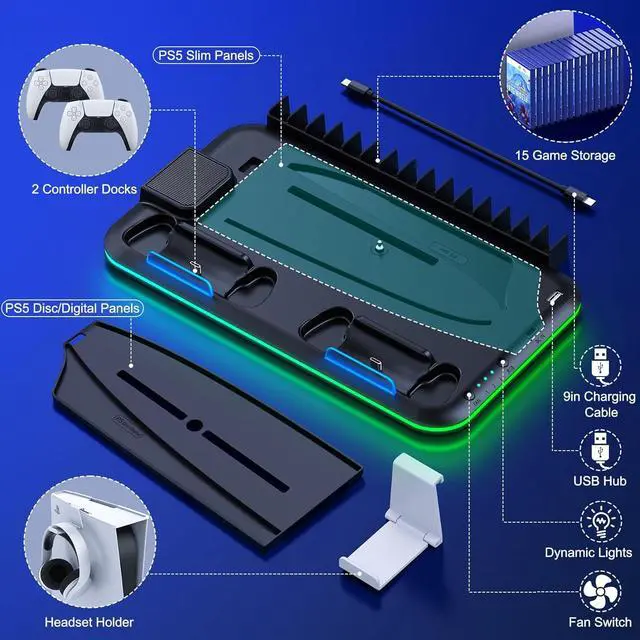 Alt view image 6 of 7 - PS5 Slim Stand and Turbo Cooling Station with Controller Charging Station for Playsation 5, PS5 Accessories Kits Incl. 3 Levels Cooling Fan, LED, 15 Game Slot, Headset Holder for P5 Digital/Disc