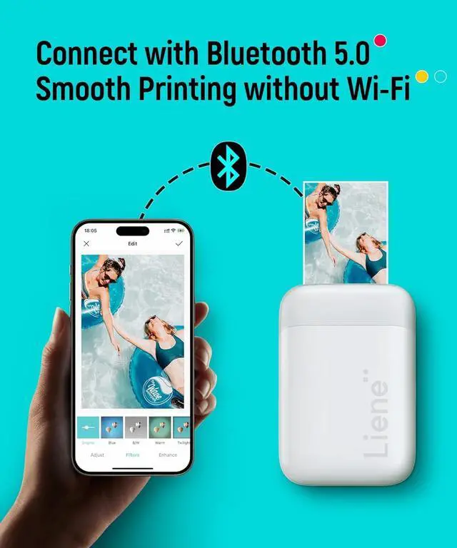 Alt view image 2 of 7 - Liene 2x3 Photo Printer, Mini Instant Portable Color Mono Picture Printer Bundle 50 Zink Adhesive Paper, Bluetooth 5.0, Compatible w/iOS & Android, Small Phone Sticker for iPhone, Smartphone, White