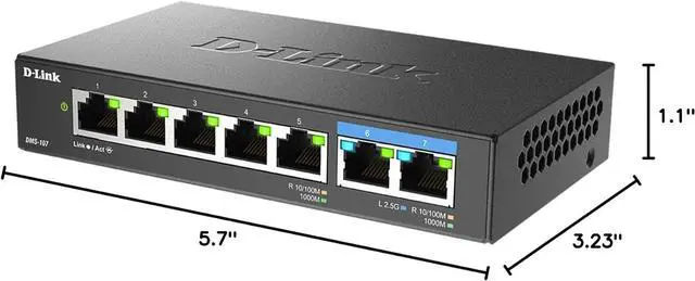 Alt view image 6 of 6 - D-Link 7-Port 2.5GB Unmanaged Gaming Switch with 2 x 2.5G, 5 x 10/100/1000 Mbps - Multi-Gig, Network, Fanless, Plug & Play (DMS-107) Black