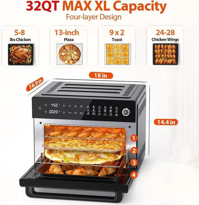 Alt view image 2 of 6 - Aeitto Air Fryer, 32-Quart, 1800W, 19-in-1, Fits 13" Pizza, Rotisserie