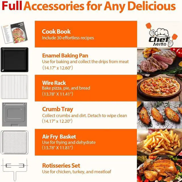 Alt view image 5 of 6 - Aeitto Air Fryer, 32-Quart, 1800W, 19-in-1, Fits 13" Pizza, Rotisserie