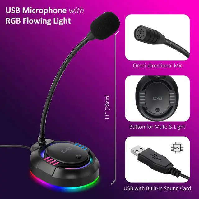 Alt view image 4 of 7 - USB Microphone, Plug & Play Condenser Mic with Mute Button, RGB Lighting for Desk Decoration, Compatible with PC, Laptop, PS4/PS5  Ideal for Gaming, Streaming, Work & Study (CGS-M2)