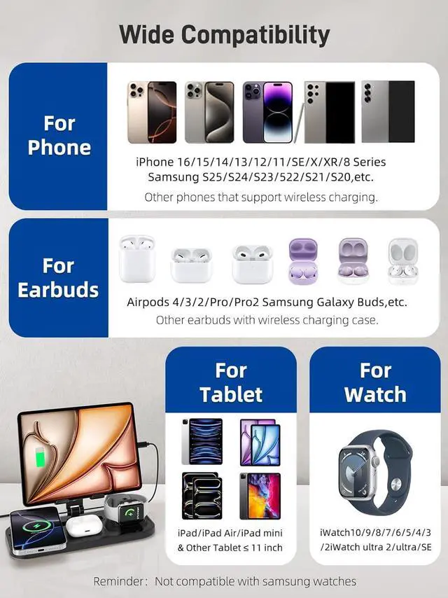 Alt view image 3 of 7 - 4 in 1 Wireless Charger for Apple Charging Station for iPhone 16/15/14 Series, AirPods Pro 2, iPad Stand, Watch Charger for iWatch 10/9/8/7/6, Travel Wireless Charging Station Multiple Devices