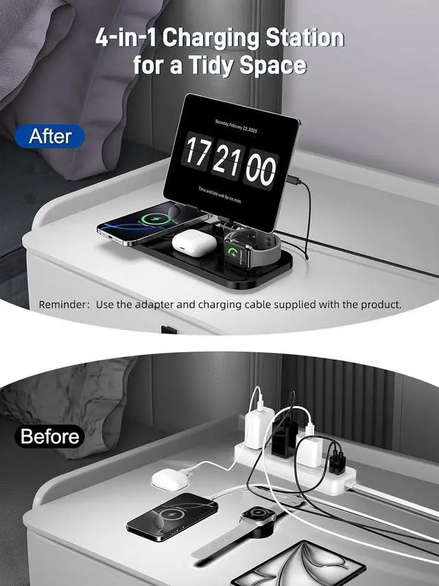 Alt view image 5 of 7 - 4 in 1 Wireless Charger for Apple Charging Station for iPhone 16/15/14 Series, AirPods Pro 2, iPad Stand, Watch Charger for iWatch 10/9/8/7/6, Travel Wireless Charging Station Multiple Devices