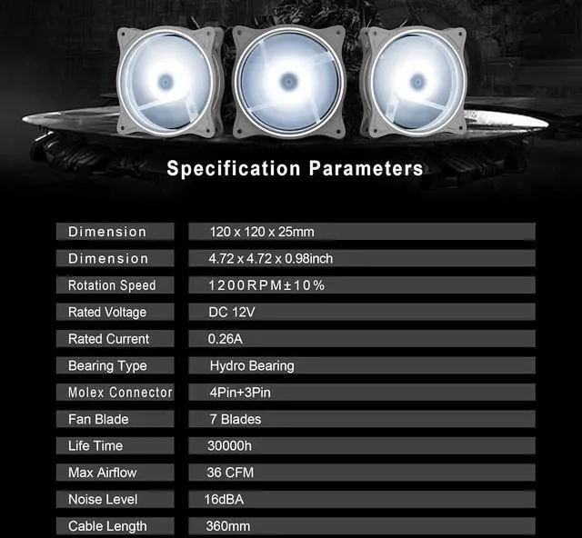 Alt view image 4 of 7 - 120mm White RGB PC Cooling Fans 3-Pack - Ultra Quiet High Airflow LED 12V Computer Case Fans with Triple Light Loops