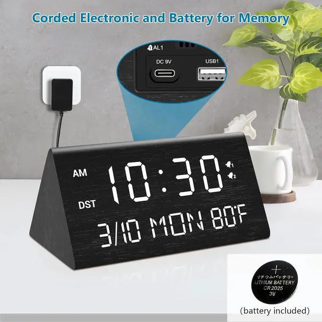 Alt view image 3 of 7 - Kogonee Wooden Digital Alarm Clock, 0-100% Dimmer, 2 Alarm Settings, Weekday/Everyday Mode, 9 Mins Snooze, 12/24H, Temperature and Date Display for Office, Travel, Bedroom Alarm Clock (Black)