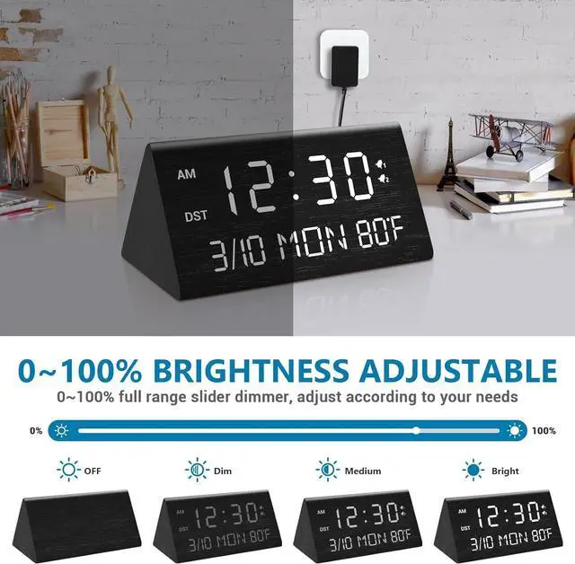 Alt view image 4 of 7 - Kogonee Wooden Digital Alarm Clock, 0-100% Dimmer, 2 Alarm Settings, Weekday/Everyday Mode, 9 Mins Snooze, 12/24H, Temperature and Date Display for Office, Travel, Bedroom Alarm Clock (Black)