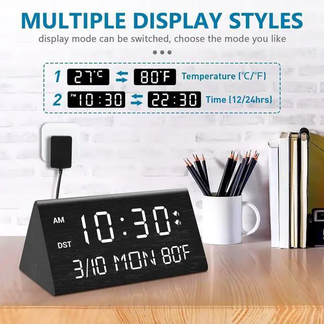 Alt view image 6 of 7 - Kogonee Wooden Digital Alarm Clock, 0-100% Dimmer, 2 Alarm Settings, Weekday/Everyday Mode, 9 Mins Snooze, 12/24H, Temperature and Date Display for Office, Travel, Bedroom Alarm Clock (Black)