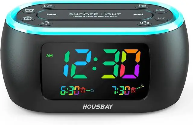 Main image of HOUSBAY 3 in 1 Alarm Clock for Bedrooms- Clock Radio & Night Light, Rainbow Digit, Dual Alarm, Small Radio Alarm Clock for Kids, Teens