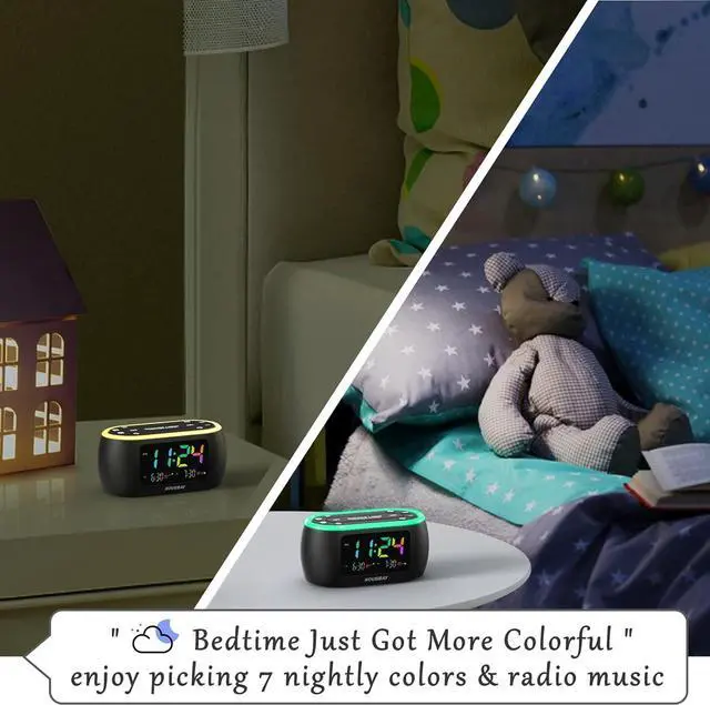 Alt view image 4 of 7 - HOUSBAY 3 in 1 Alarm Clock for Bedrooms- Clock Radio & Night Light, Rainbow Digit, Dual Alarm, Small Radio Alarm Clock for Kids, Teens