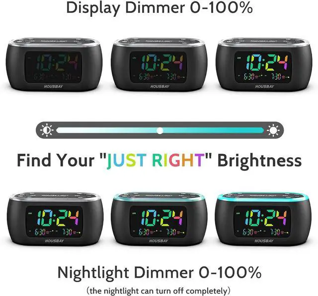 Alt view image 3 of 7 - HOUSBAY 3 in 1 Alarm Clock for Bedrooms- Clock Radio & Night Light, Rainbow Digit, Dual Alarm, Small Radio Alarm Clock for Kids, Teens