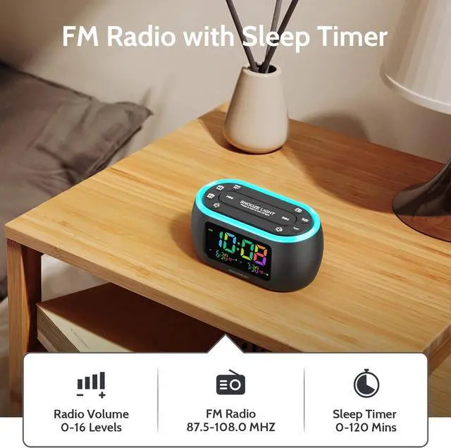 Alt view image 2 of 7 - HOUSBAY 3 in 1 Alarm Clock for Bedrooms- Clock Radio & Night Light, Rainbow Digit, Dual Alarm, Small Radio Alarm Clock for Kids, Teens