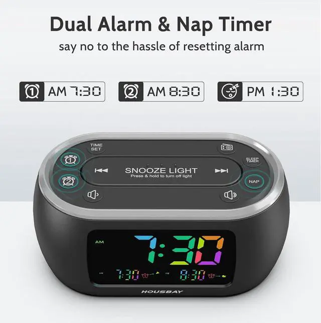 Alt view image 5 of 7 - HOUSBAY 3 in 1 Alarm Clock for Bedrooms- Clock Radio & Night Light, Rainbow Digit, Dual Alarm, Small Radio Alarm Clock for Kids, Teens