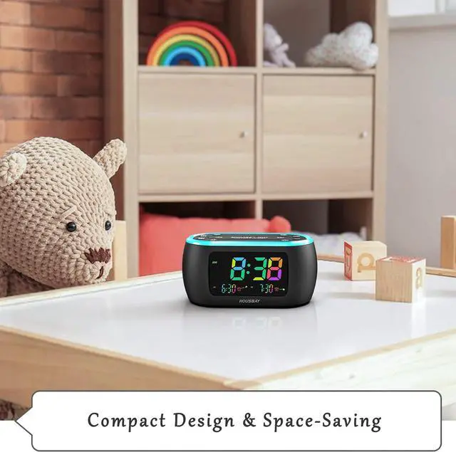 Alt view image 7 of 7 - HOUSBAY 3 in 1 Alarm Clock for Bedrooms- Clock Radio & Night Light, Rainbow Digit, Dual Alarm, Small Radio Alarm Clock for Kids, Teens