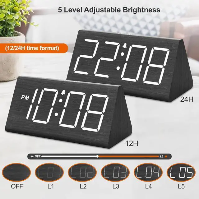 Alt view image 2 of 7 - DreamSky Wooden Digital Alarm Clocks for Bedrooms - Electric Desk Clock with Large Numbers, USB Port, Loud Alarm for Heavy Sleepers, Adjustable Volume, Dimmer, Snooze, DST, 12/24H, Wood Décor Gifts