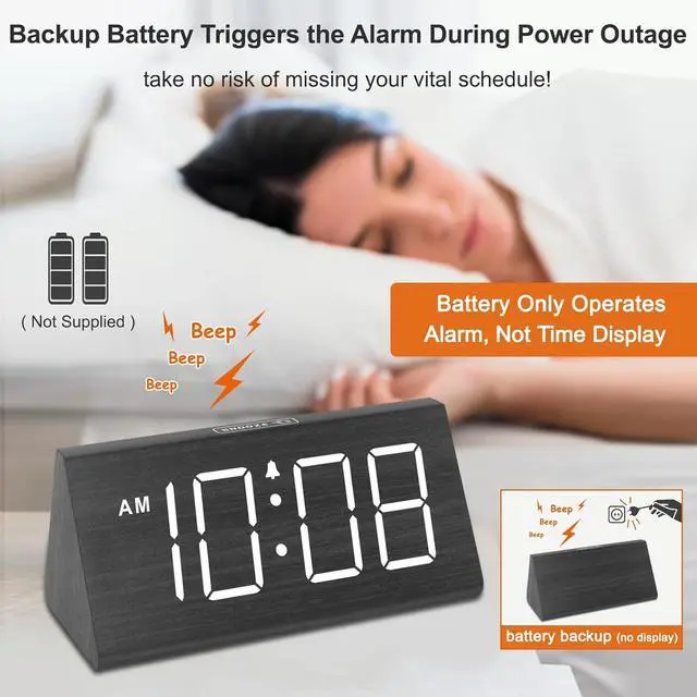 Alt view image 5 of 7 - DreamSky Wooden Digital Alarm Clocks for Bedrooms - Electric Desk Clock with Large Numbers, USB Port, Loud Alarm for Heavy Sleepers, Adjustable Volume, Dimmer, Snooze, DST, 12/24H, Wood Décor Gifts