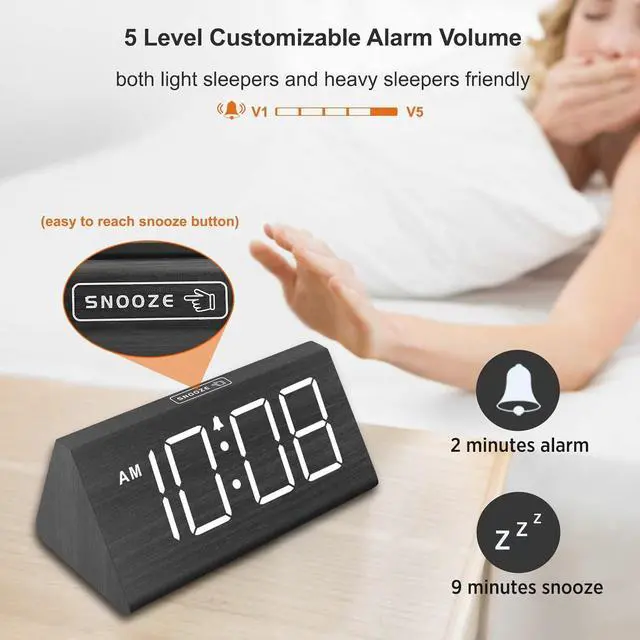 Alt view image 6 of 7 - DreamSky Wooden Digital Alarm Clocks for Bedrooms - Electric Desk Clock with Large Numbers, USB Port, Loud Alarm for Heavy Sleepers, Adjustable Volume, Dimmer, Snooze, DST, 12/24H, Wood Décor Gifts