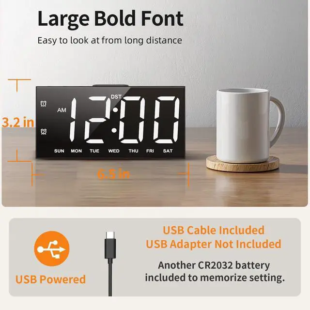 Alt view image 2 of 7 - Digital Alarm Clock with Large Display Big Bold Numbers, Dimmer, 2 USB Charging Ports, Snooze, Small Table Desk Clock for Bedroom, Living Room, Clock for Heavy Sleepers